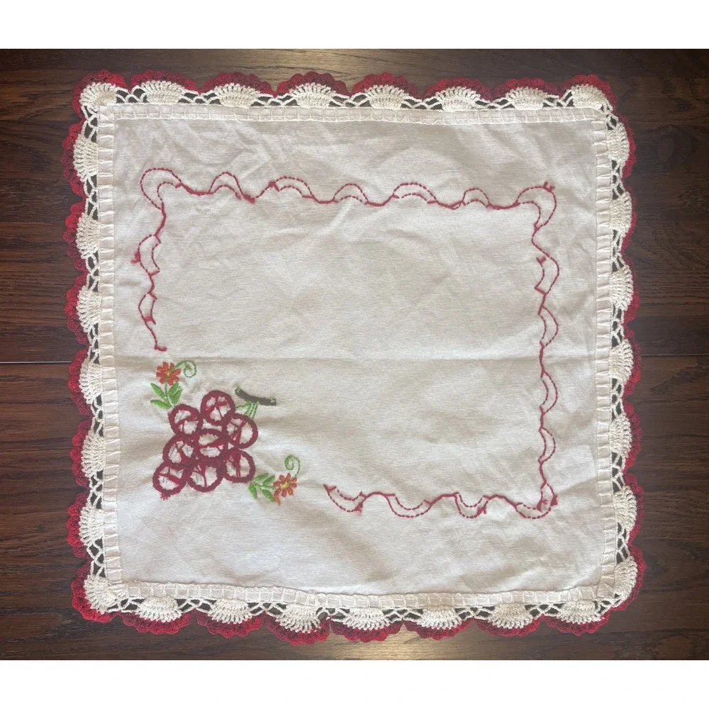 Vintage OOAK Handmade Doily Cherries Granny Red White